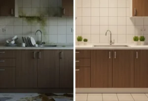 Fotografía de un departamento sucio y desgastado en comparación con uno limpio que si tiene mantenimiento de departamentos.