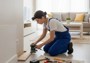 Fotografía de una mujer con overol azul realizando mantenimiento de departamentos con una caja de herramientas a lado.