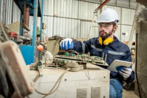 Fotografía de un hombre con casco blanco y una tabla en la mano que enseña los tipos de mantenimiento general.