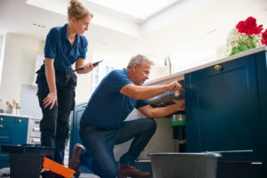 Fotografía de dos personas con camisa azul que realizan reparaciones para los diferentes tipos de mantenimiento general.