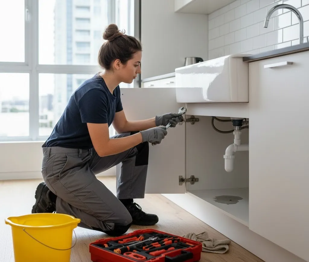Representación del servicio de mantenimiento de departamentos que GSI brinda en su administración de condominios en Condesa. Mujer realizando trabajos de mantenimiento que representa un servicio dentro de la administración de condominios en Condesa.